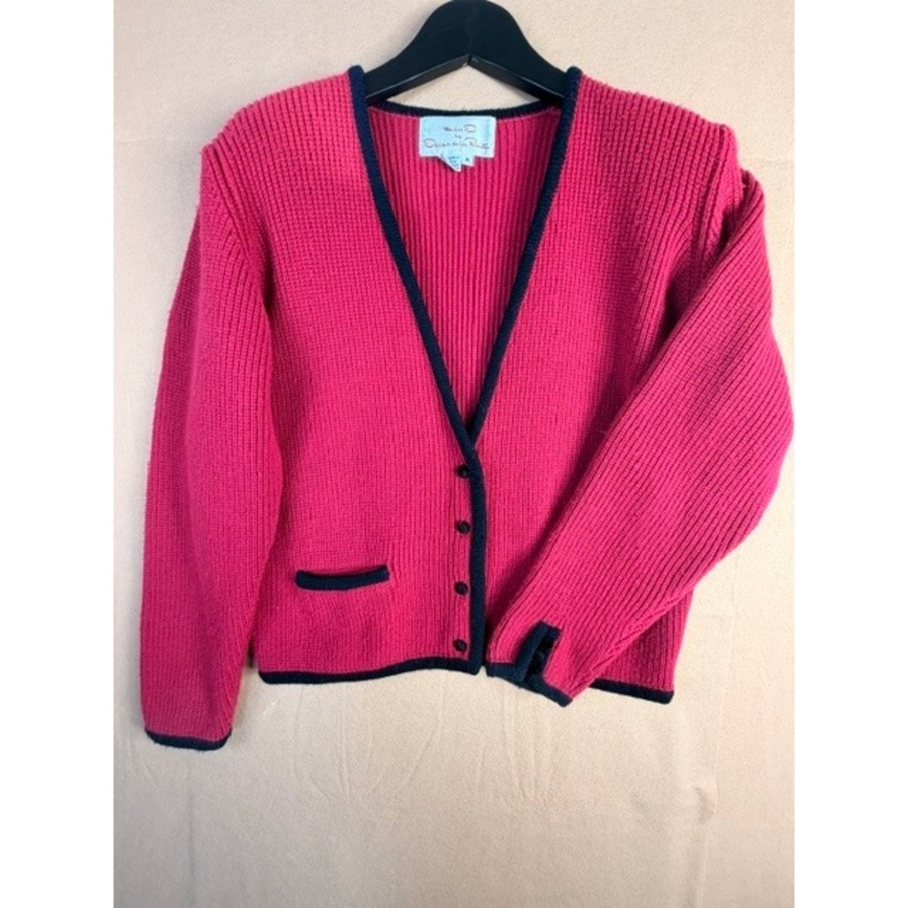 Miss O Oscar de la Renta Cardigan Sweater M Reddish Pink w Black Trim Vintage